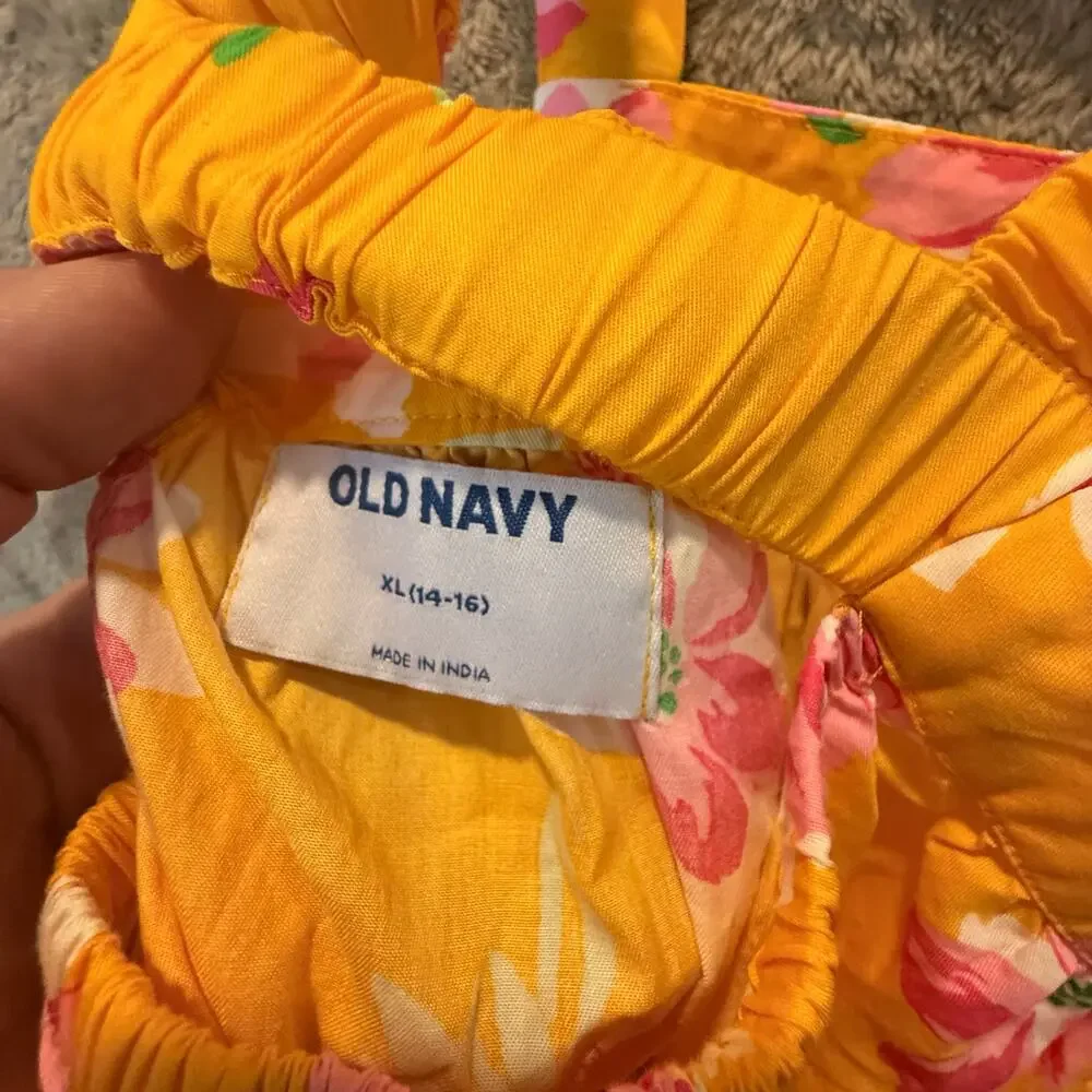 NWT Old Navy Sundress Tiered Dress Yellow Pink Floral Tropical Girls XL 14 16
